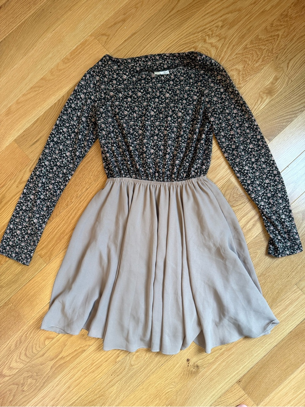Alice Moon Black Floral Bodice Taupe Skirt Long-Sleeve Skater Dress